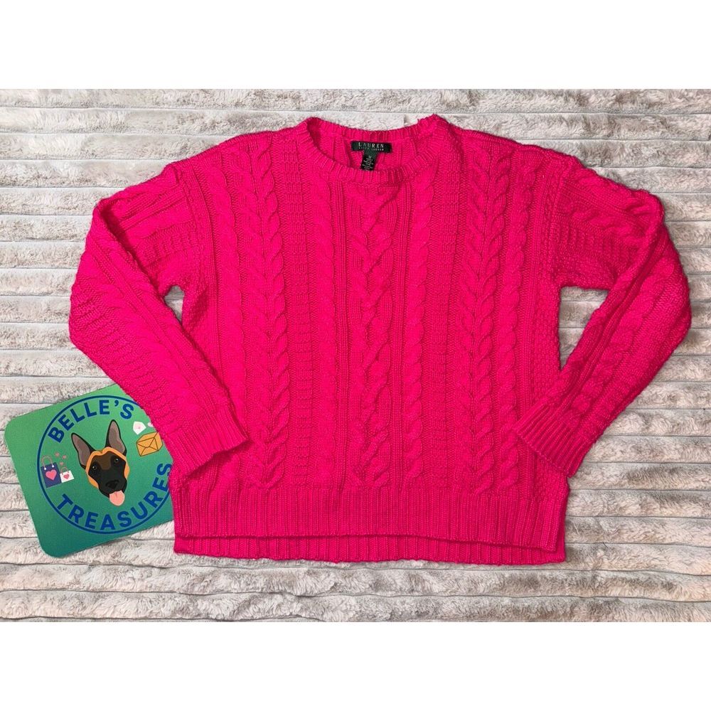 Lauren Ralph Lauren Barbie Hot Pink 3D Cable Knit Pullover Sweater Size Medium‎